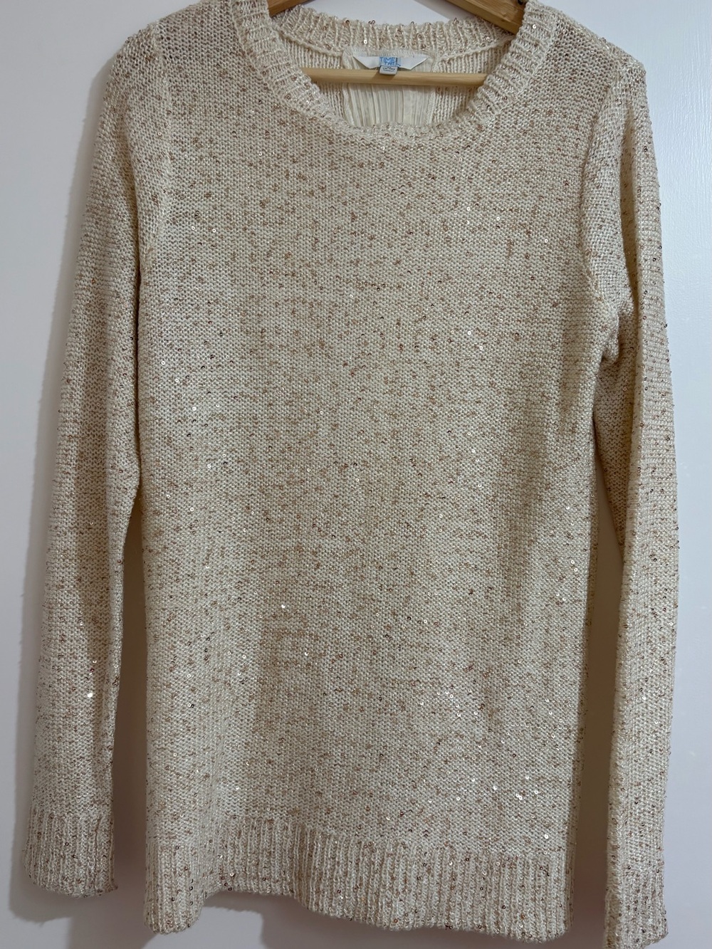 Time and Tru Women Medium Metallic Sequin Knit Sweater Lace Up Back Cream Gold